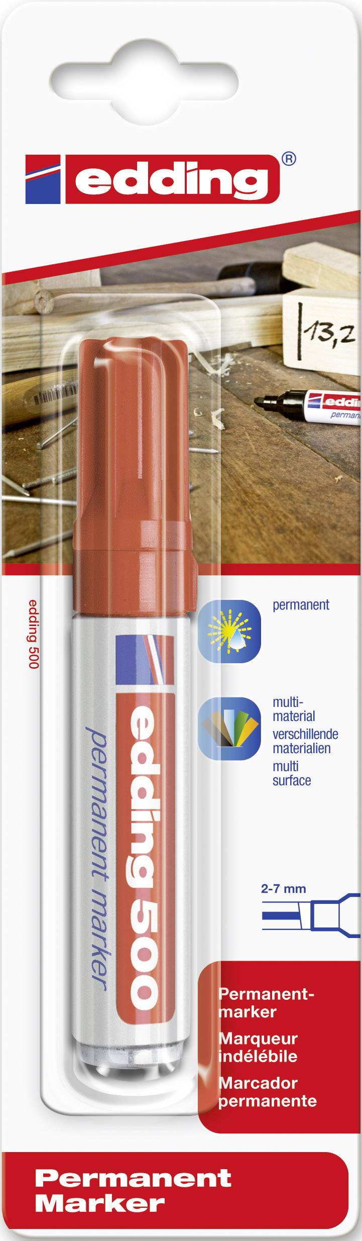 'edding 500 Permanent Marker' in red on a blister pack. Suitable for universal, permanent marking with a line width of 2-7 mm.