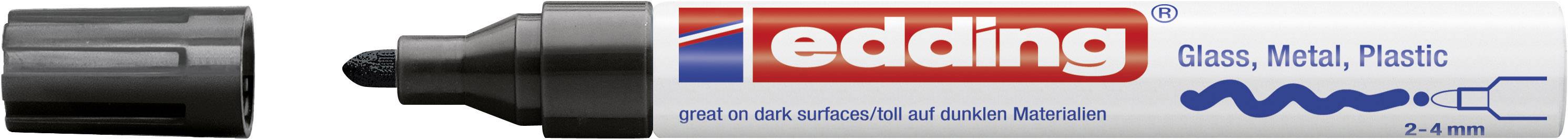 Black permanent marker with cap removed, suitable for glass, metal and plastic. Tip pointing to the right.