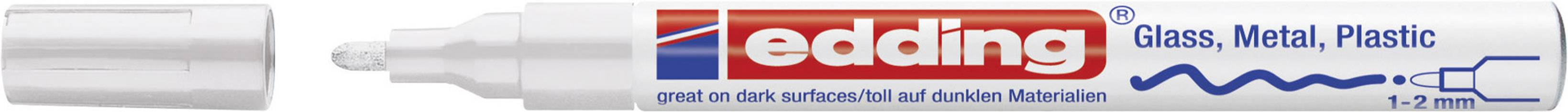 A white edding marker, suitable for glass, metal and plastic. The tip is round and draws lines 1-2 mm wide.