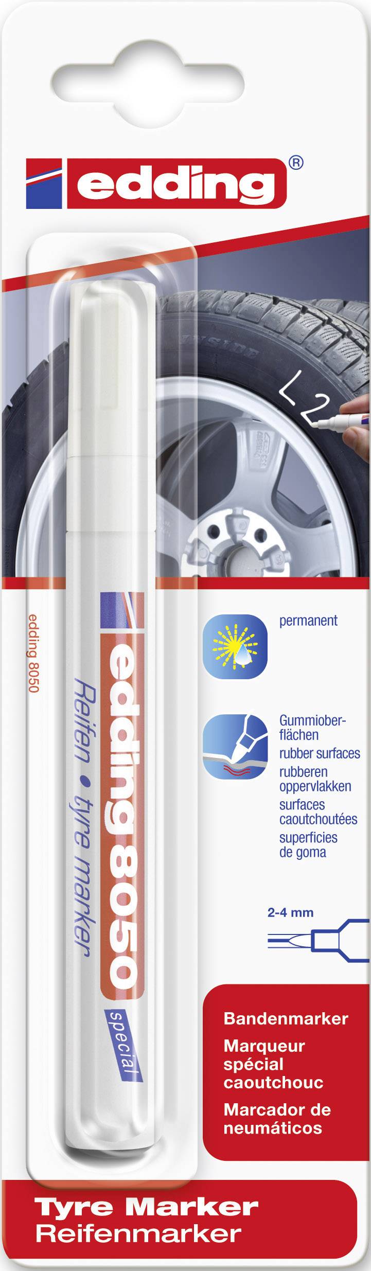 Tyre marker edding 8050, white, permanent. Suitable for rubber and other surfaces. Line width 2-4 mm.
