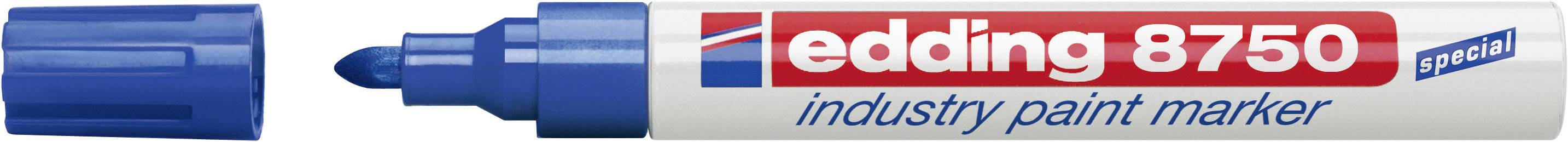 Blue 'edding 8750 industry paint marker' with cap removed, wide tip visible.