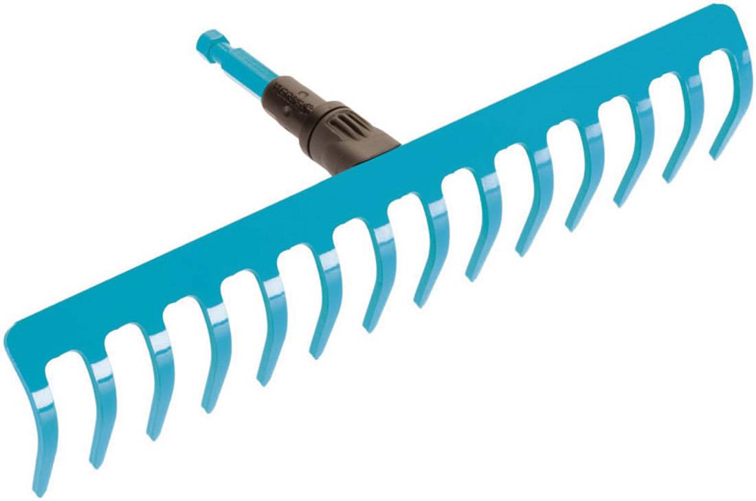 Blue plastic rake with black handle, pointing to the right, with 14 prongs.