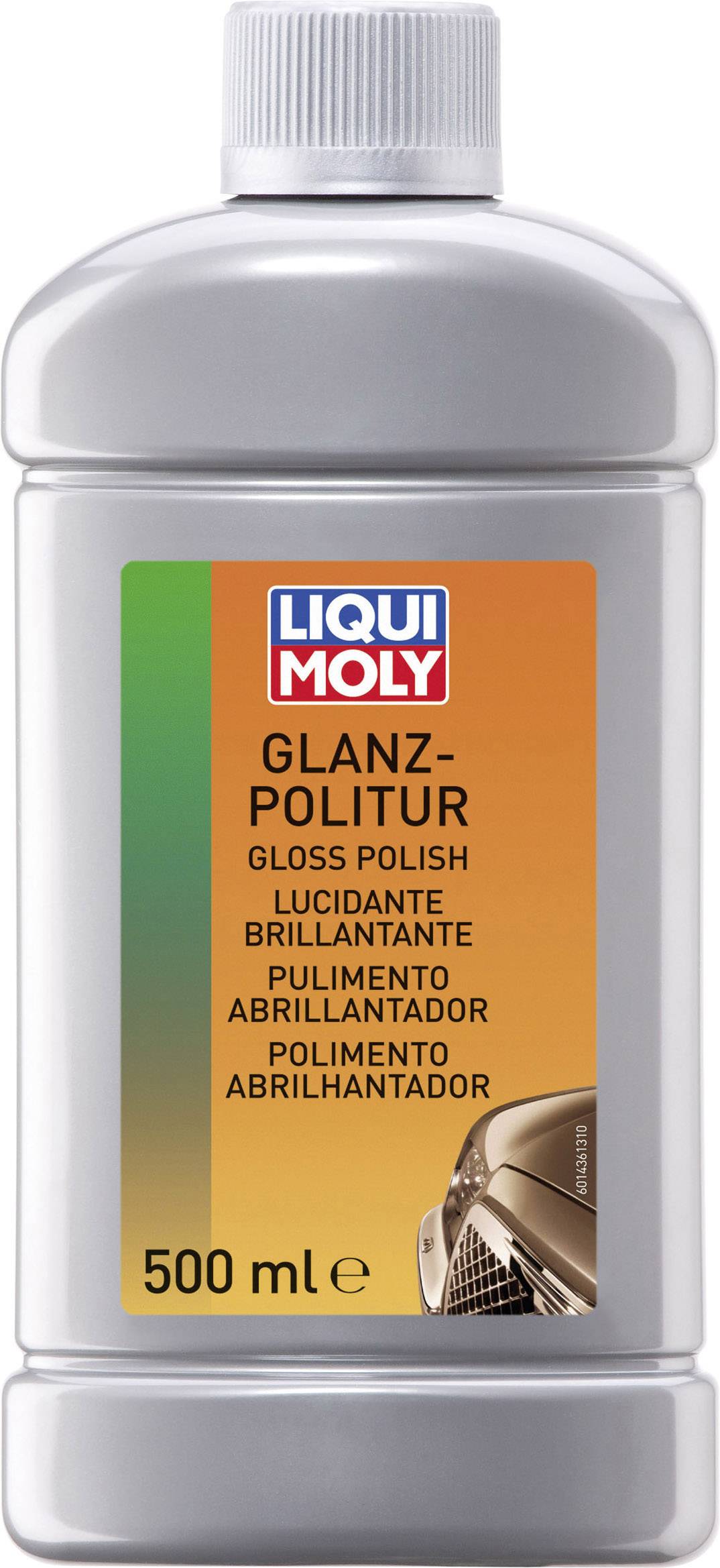 A grey Liqui Moly Gloss Polish bottle, 500 ml, with an orange label and text in multiple languages for application on car paintwork.