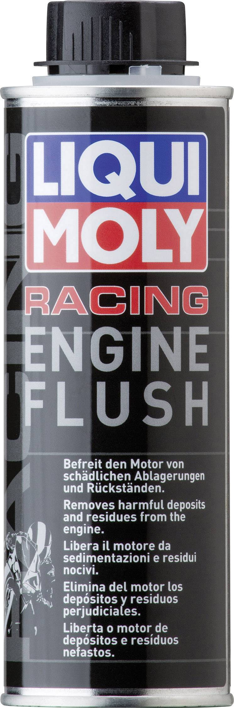 'LIQUI MOLY Racing Engine Flush' metal container with black, red, and blue labels. For cleaning engine systems.