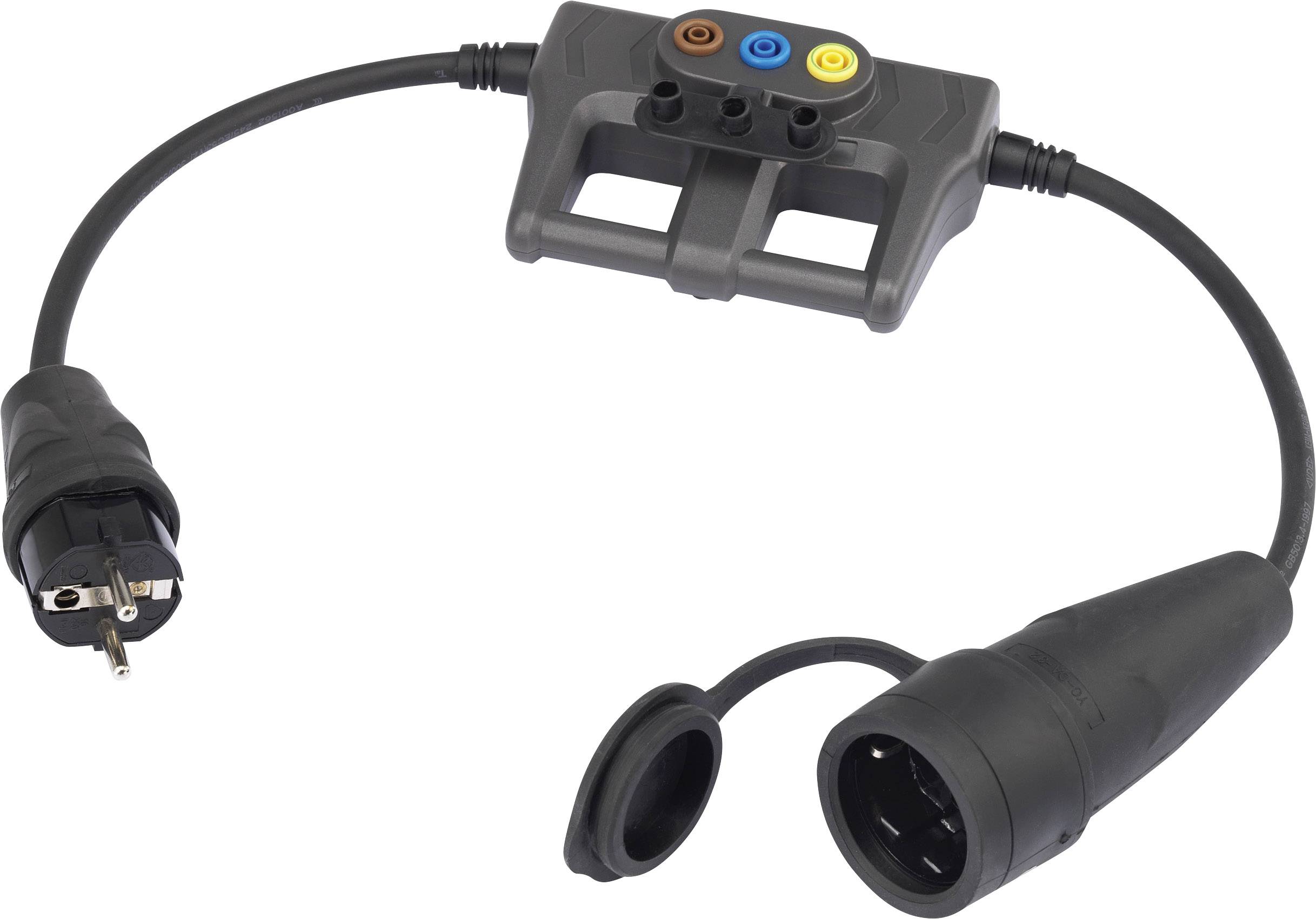 An adaptor cable with a Schuko plug on one side and a CEE socket on the other, suitable for camping or industrial use.