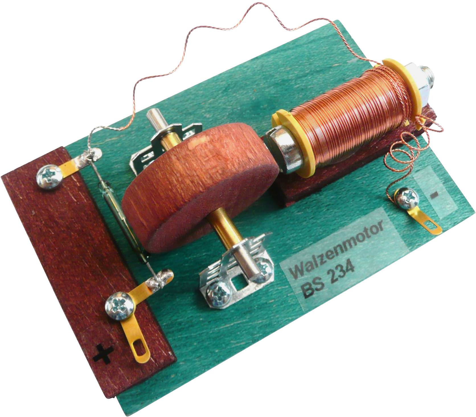 A simple electric motor with a coil, two magnetic rails and connections on a green base plate; labelled 'Roller Motor BS 2-34'.