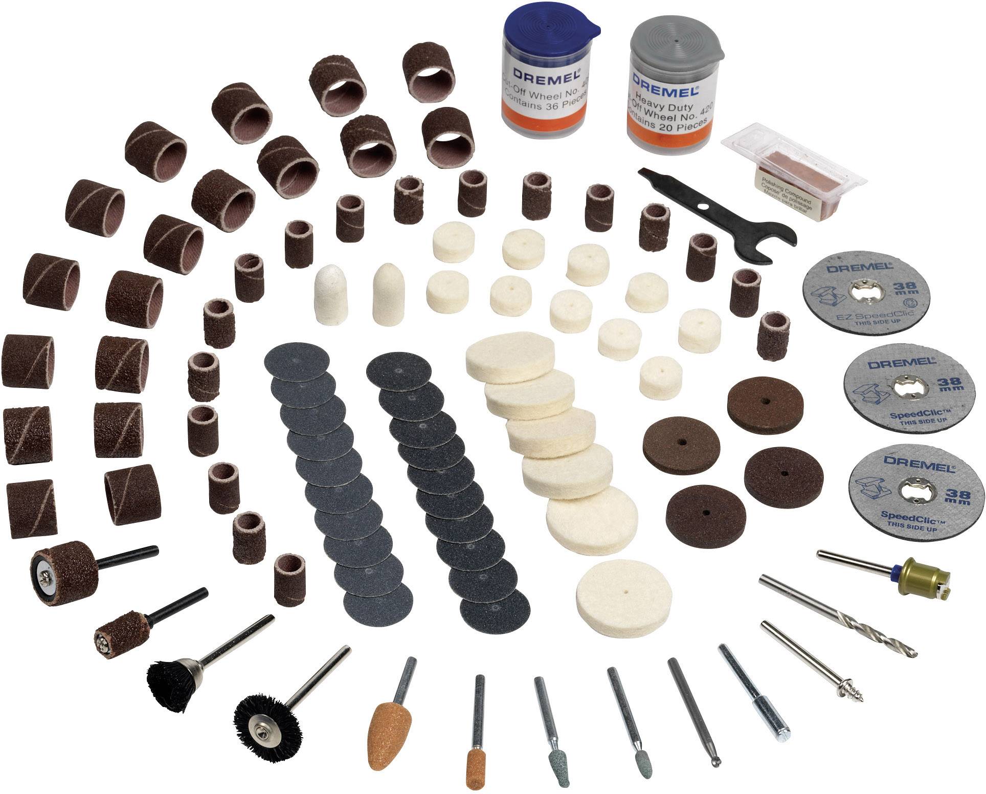 A Dremel accessory set with sanding bands, polishing attachments, cutting discs, drill bits, and a chuck key, for versatile applications.