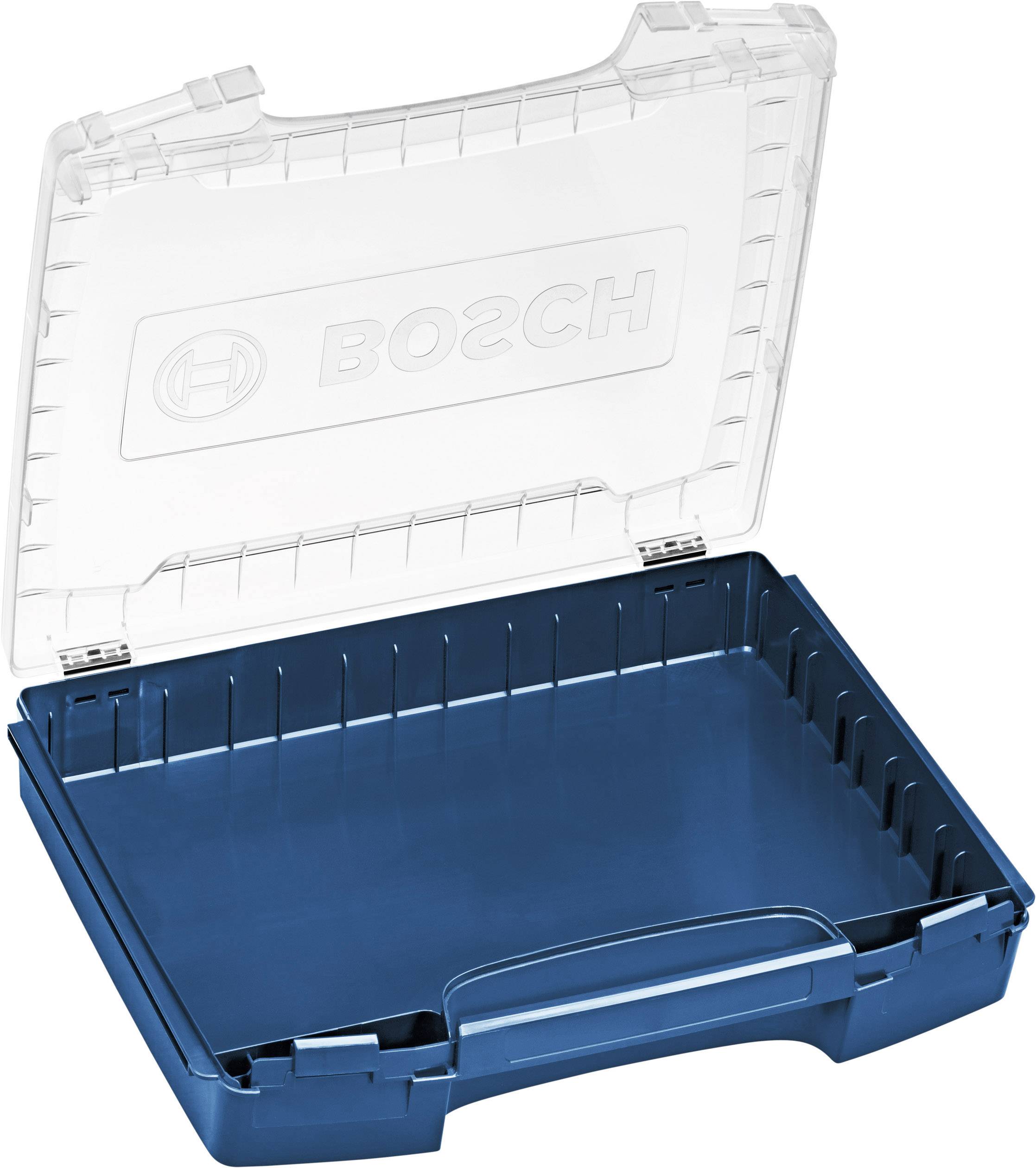 A transparent workshop case with the 'Bosch' logo printed on the lid. The case is open, revealing a spacious, empty interior.
