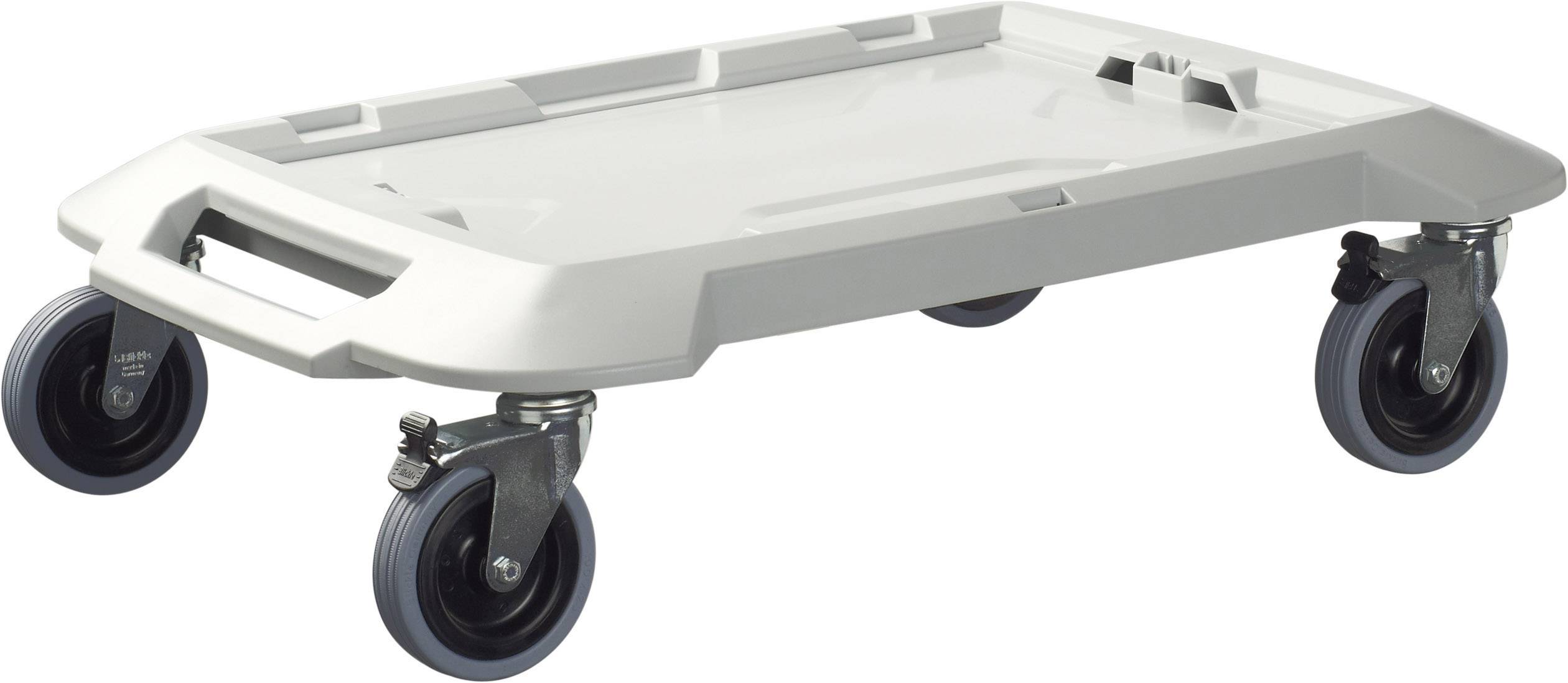 A grey transport trolley with four wheels, suitable for moving heavy objects or crates in indoor areas.
