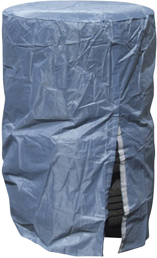 A blue fabric bag covers a cylindrical object. The bag is slightly open, revealing a black interior.