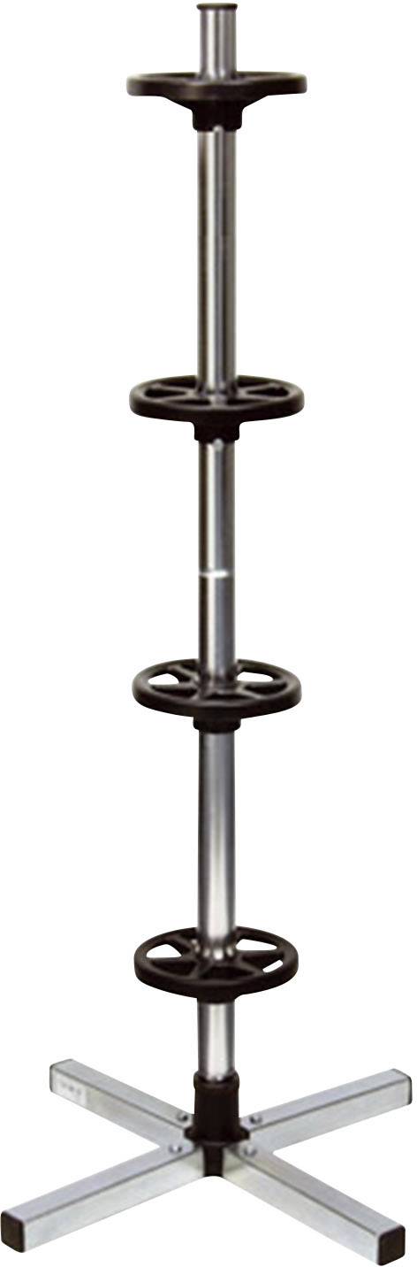 A weight plate tower on a metal stand with a quadruple, cross-shaped base, used for strength training.