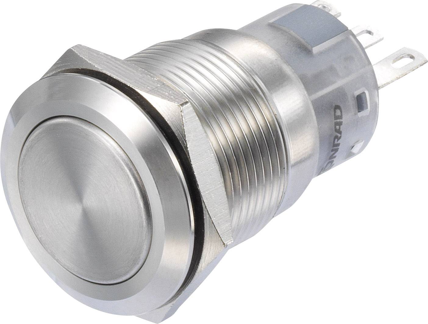 A round, chrome-plated push button with a metal casing and connections for electronic circuits.