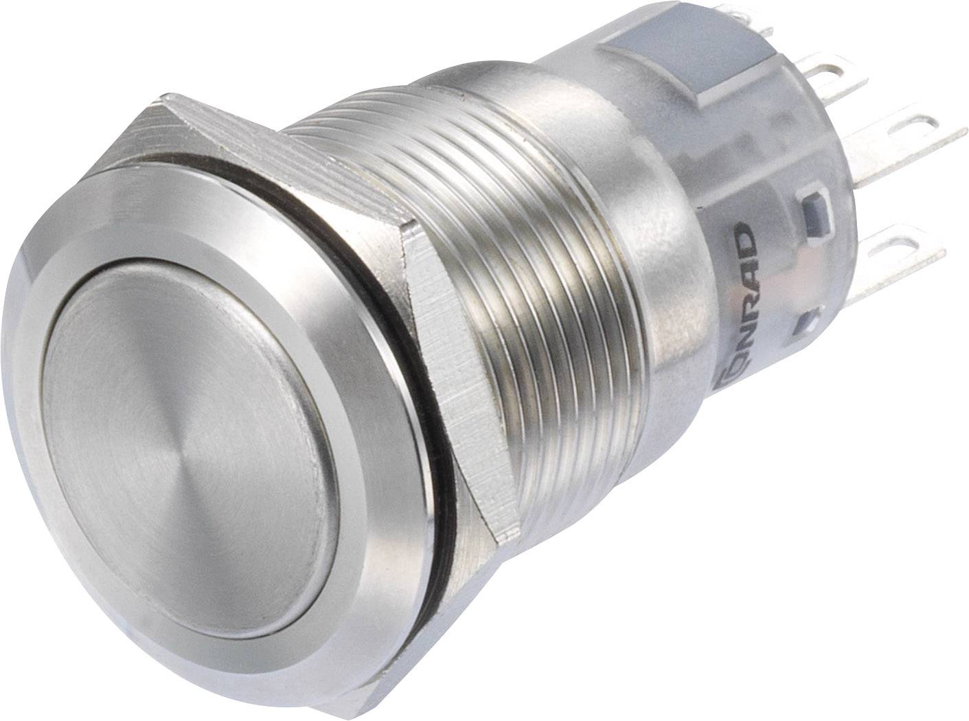 A round, silver metal switch with threading for mounting and connection pins on the back, suitable for electronic applications.