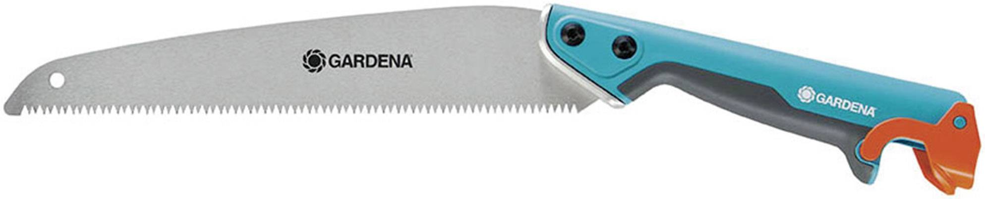Handheld garden saw by Gardena with a blue handle and curved blade, suitable for precise branch cutting.