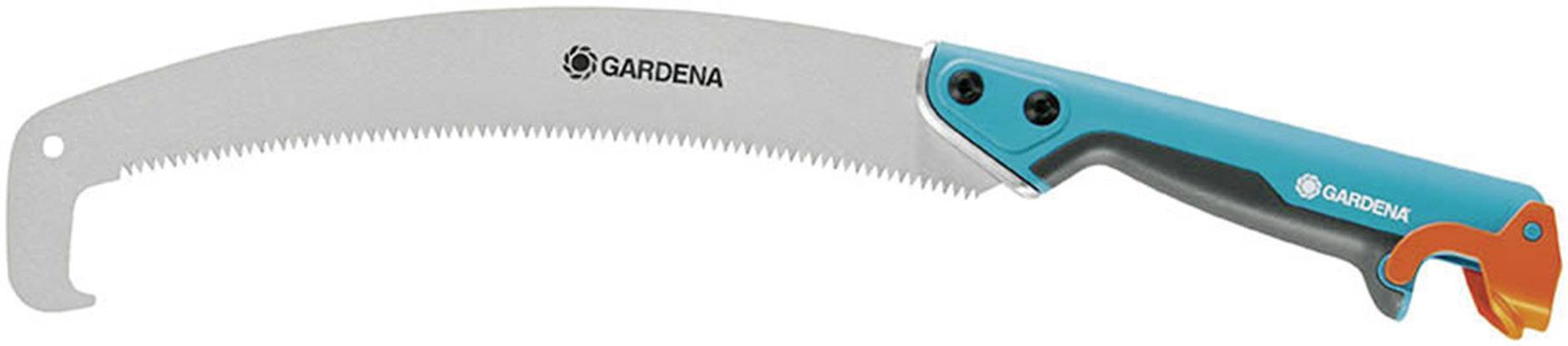 A Gardena pruning saw with a curved blade and blue handle, perfect for cutting branches.