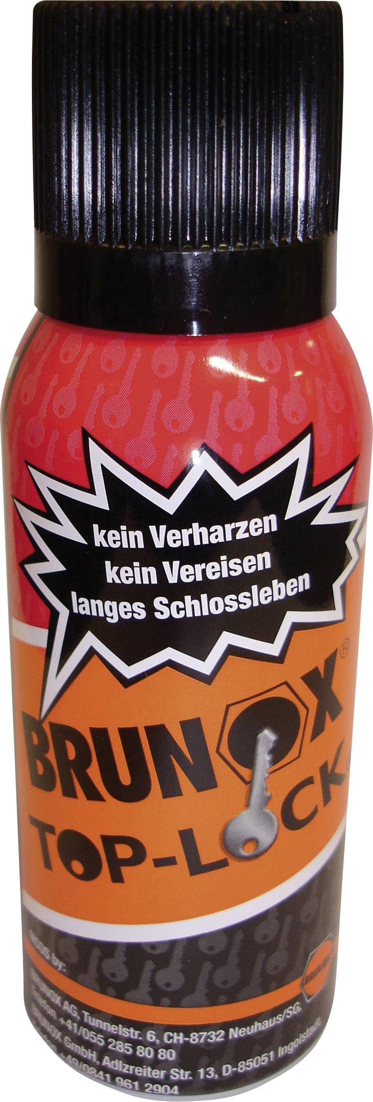 Spray can with the label 'Brunox Top-Lock', promotes protection against seizing and freezing for a long lock life.