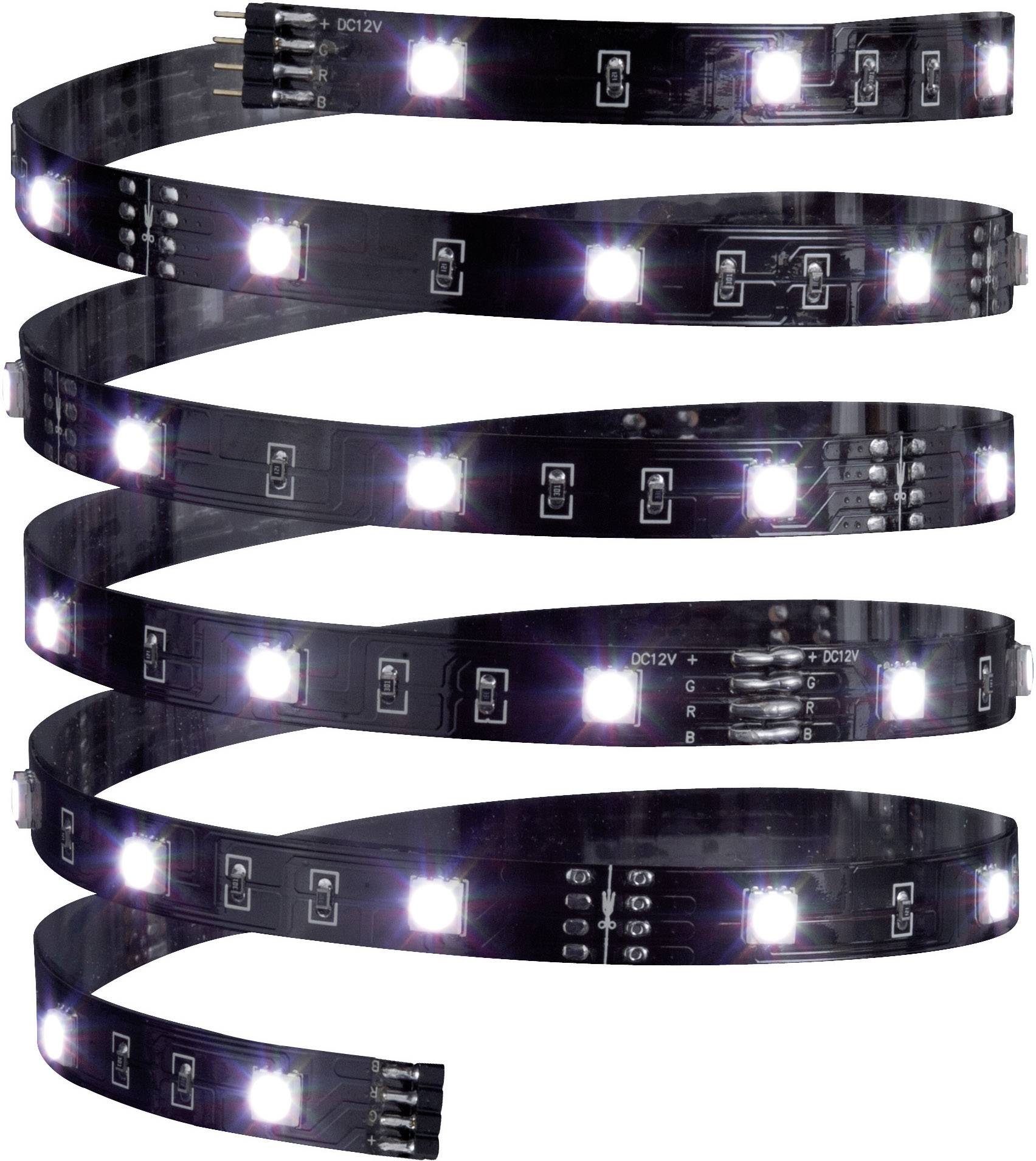LED light strip with glowing white lights in a spiral pattern.