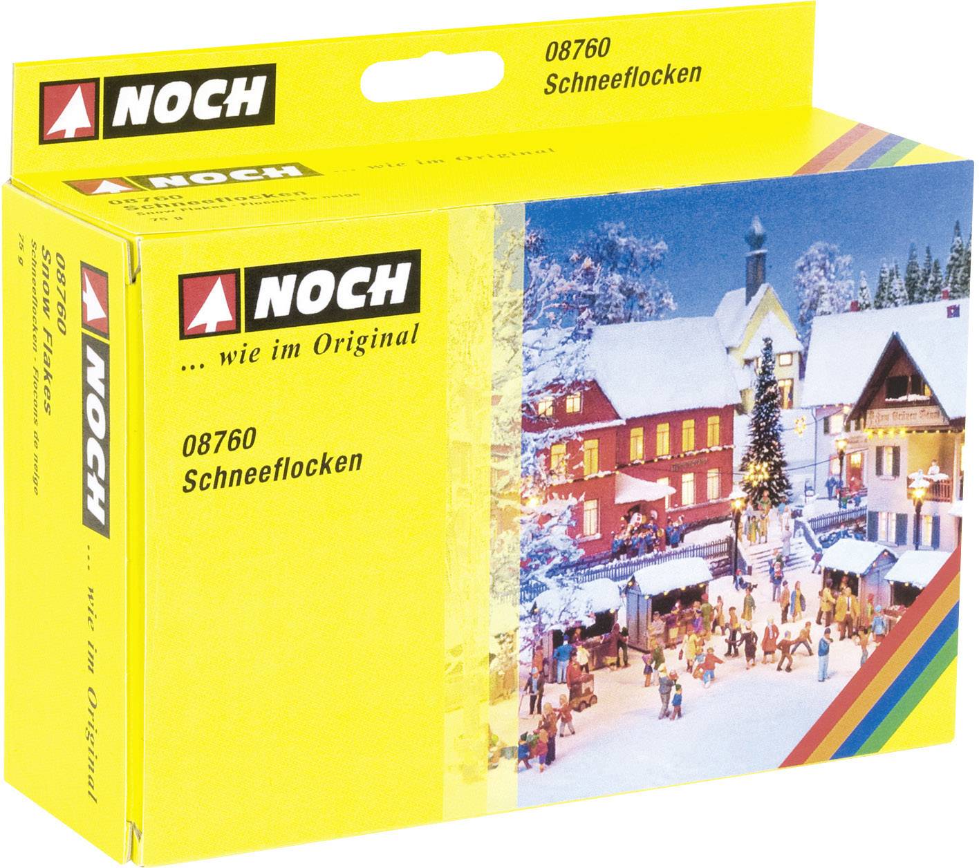 Yellow packaging with the inscription 'NOCH Snowflakes'. Pictured is a miniature winter landscape with snow, houses and figures.