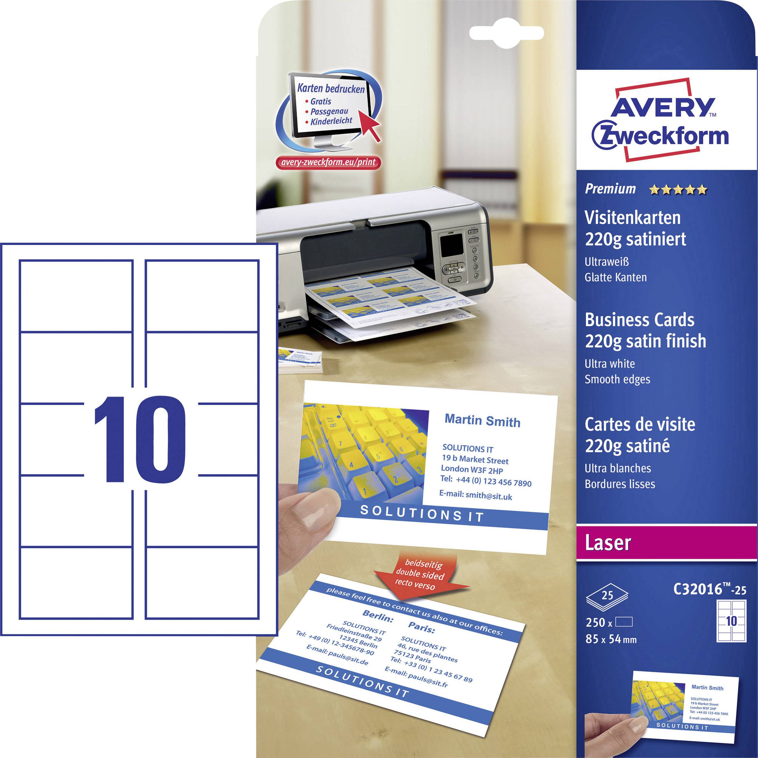 A printer is distributing business cards on a table. Packaging with text: 'Avery Zweckform', 'Business Cards', '220g satin finish', 'Laser'.