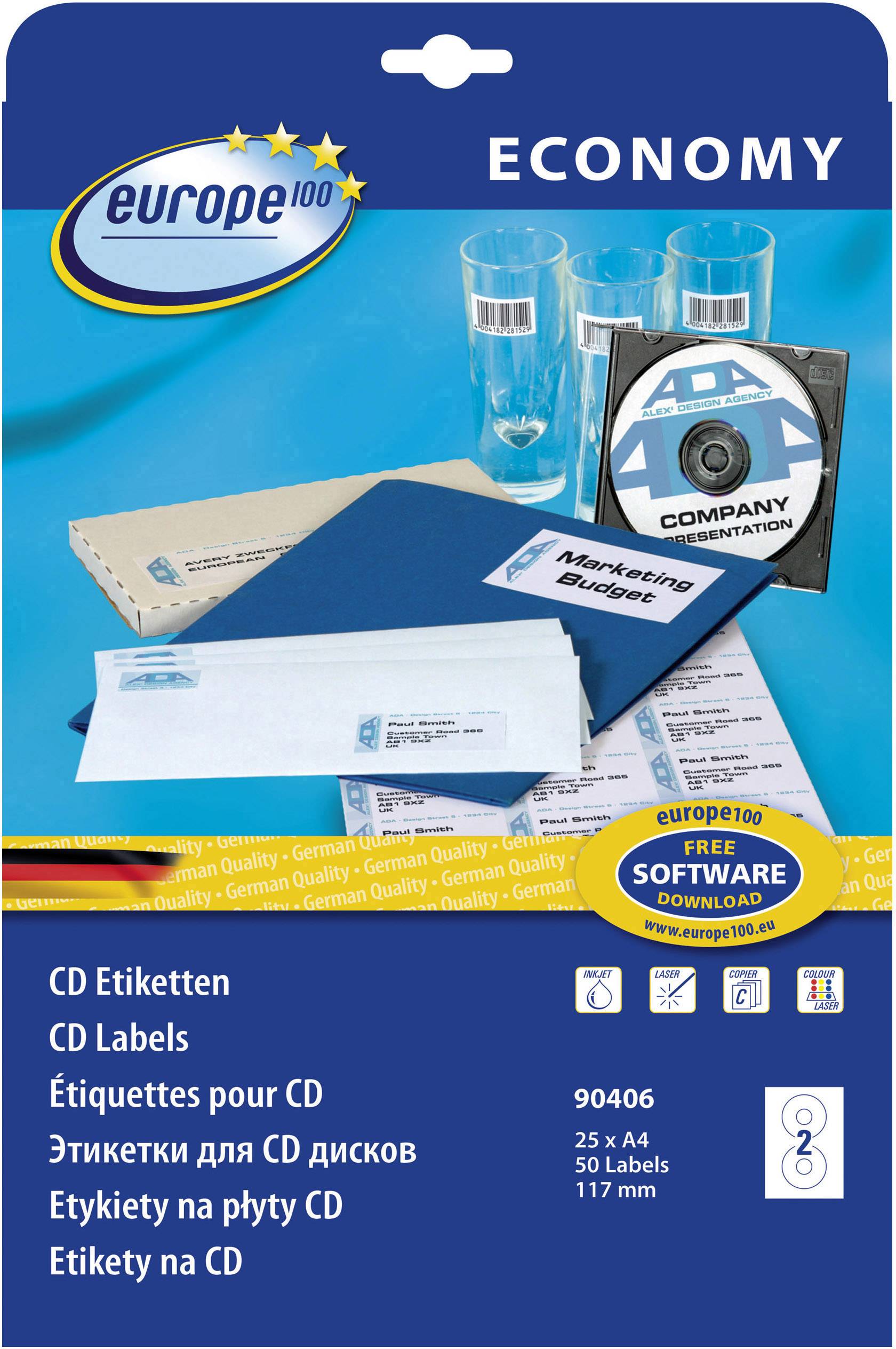 Europe 100 CD labels 90406 Ø 117 mm Paper White 50 pc(s) Permanent Smearproof Inkjet, Laser