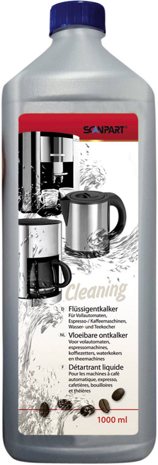 A 1000 ml bottle of liquid descaler. A coffee machine and a cup are pictured. Text: 'Liquid Descaler' and product information.