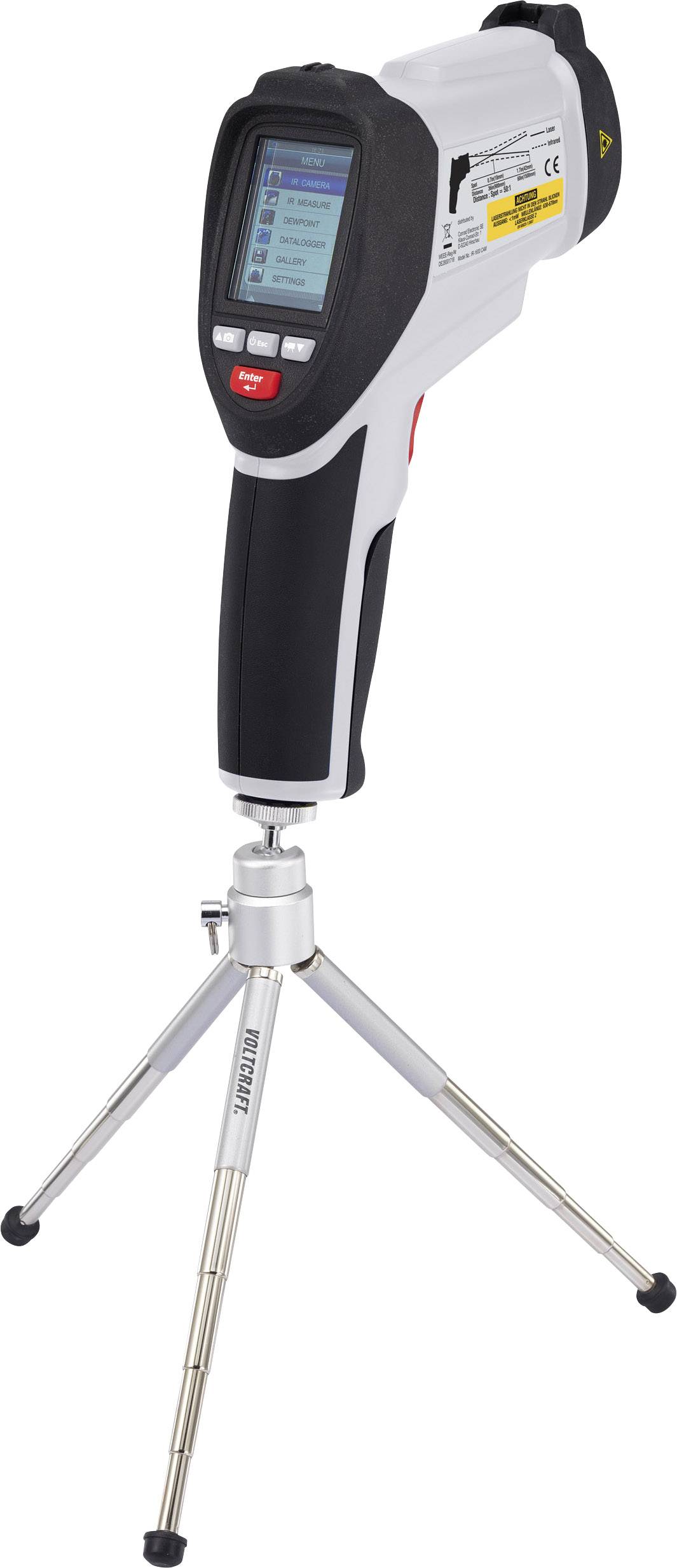 Infrared thermometer mounted on a tripod with digital display, showing temperature measurements. Ideal for precise, non-contact measurements.