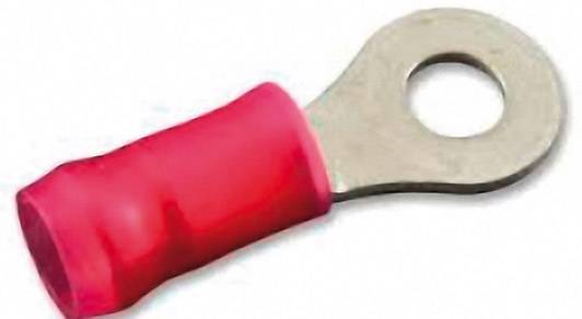 Red cable lug with round pin terminal, used for secure electrical connection.