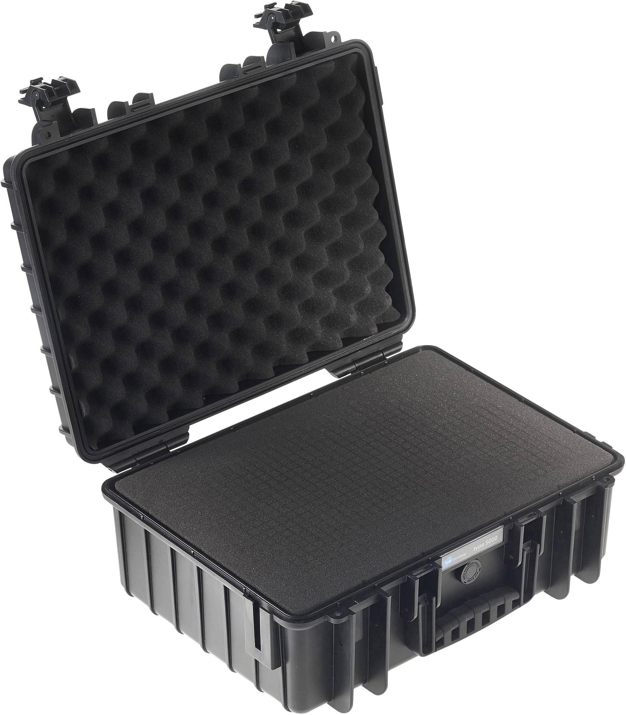 A black open protective case with foam lining, suitable for the secure transportation of delicate equipment.