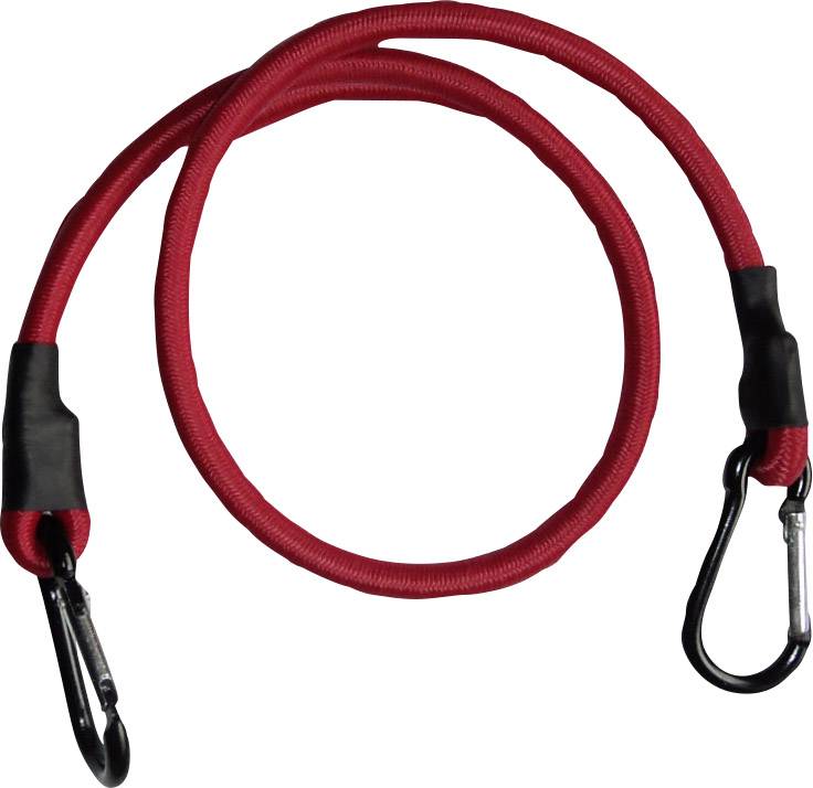 Ein rotes elastisches Spannseil mit zwei schwarzen Haken, geeignet zur Sicherung oder Befestigung von Gegenständen.