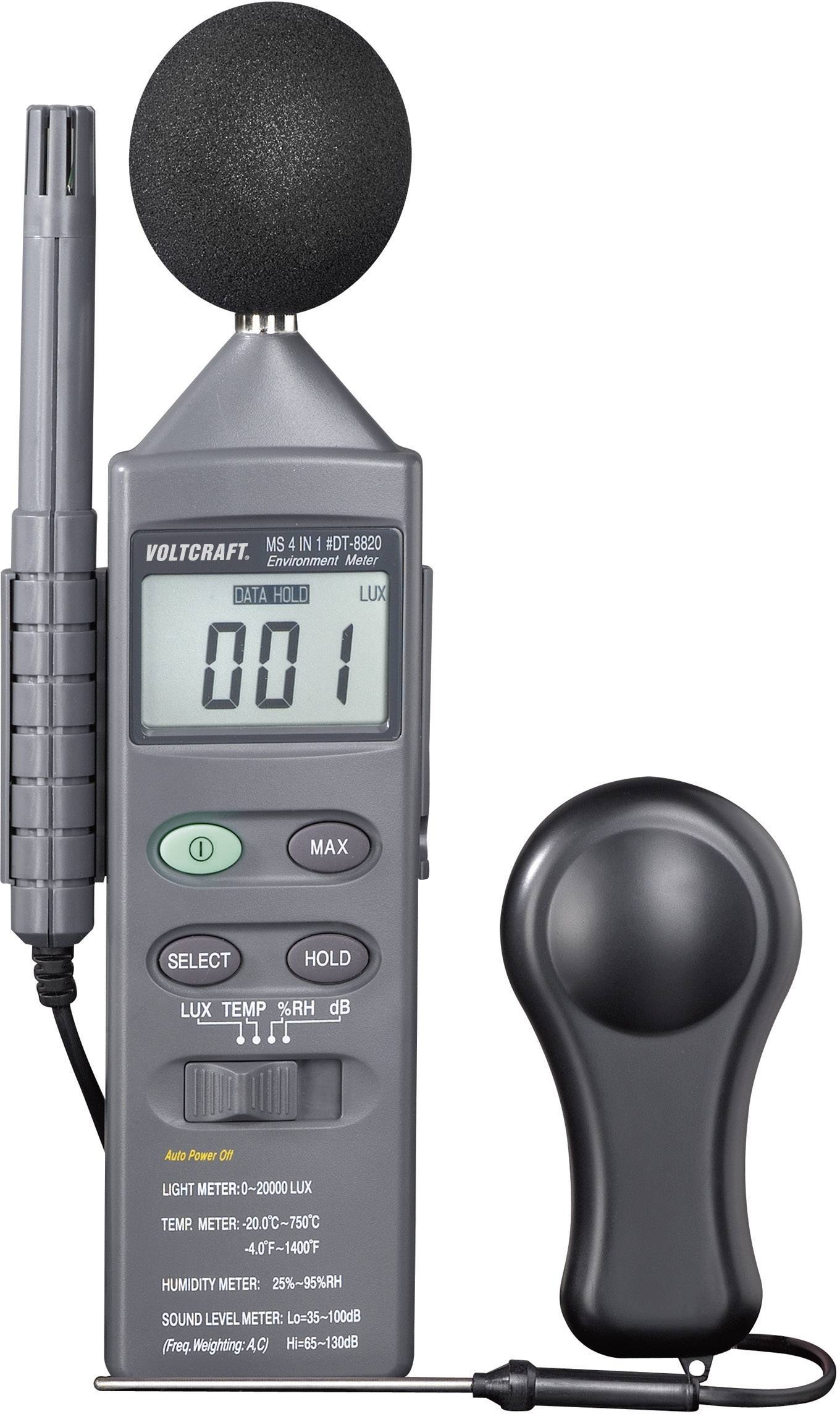 Measuring device for simultaneously measuring sound level, light, humidity, and temperature, with digital display and detachable sensors.