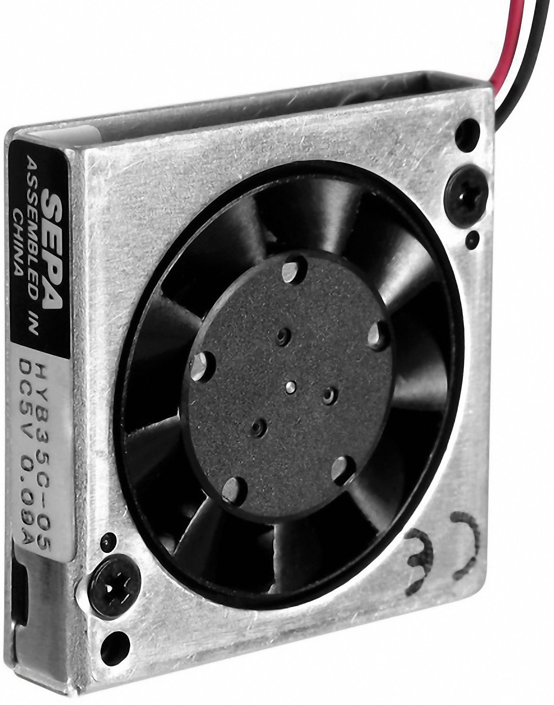A square, silver mini-fan with a black rotor and two cables. Marking on the side: 'HY83C05 05 DC5V 0.08A'.