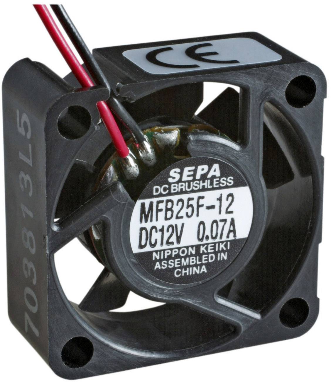 A small, square fan with the inscription 'SEPA DC BRUSHLESS MFB25F-12 DC12V 0.07A NIPPON KEIKI ASSEMBLED IN CHINA'.