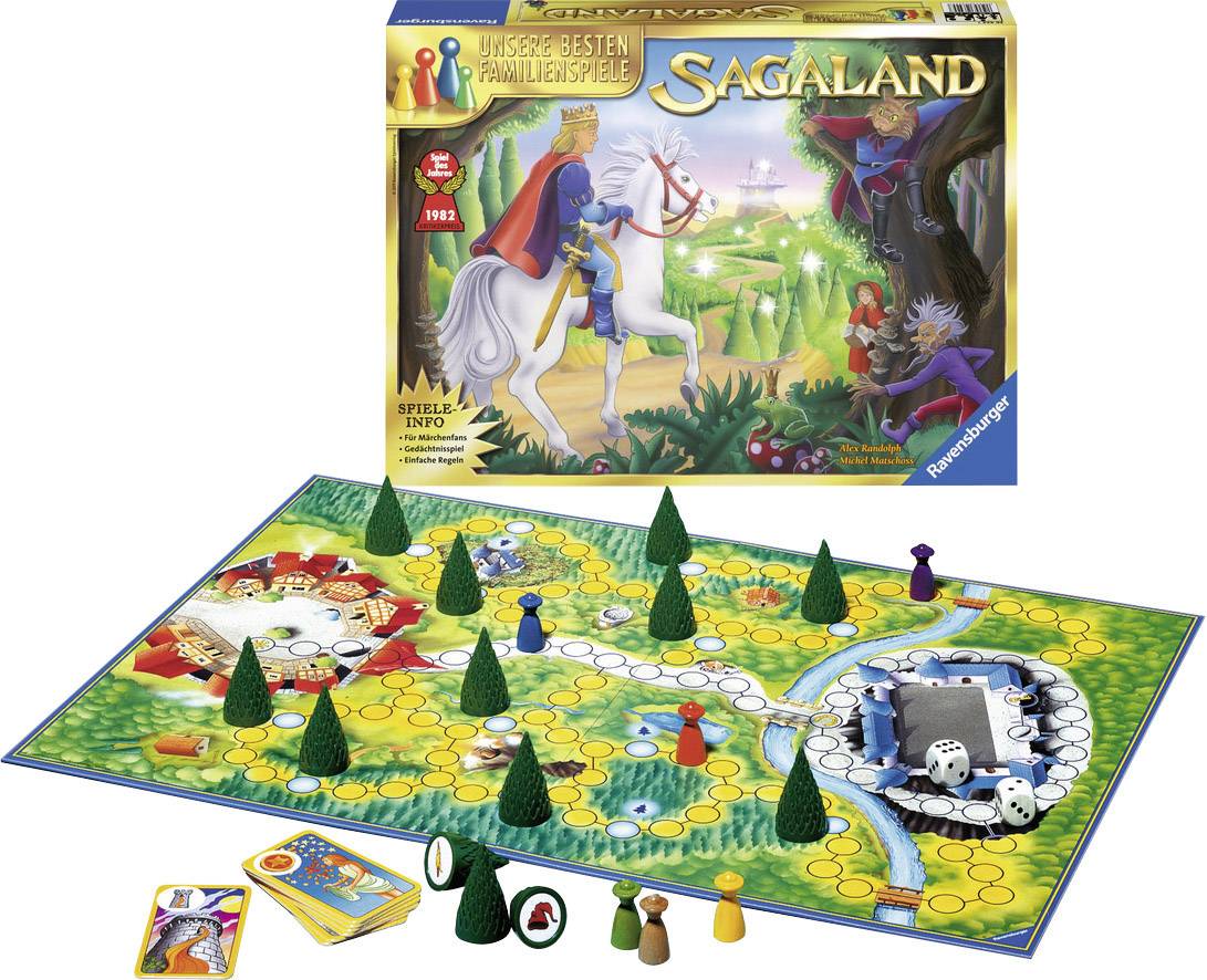 The image shows the board game Sagaland: a game board with paths and trees, playing cards, dice, and game pieces. The game box is in the background.