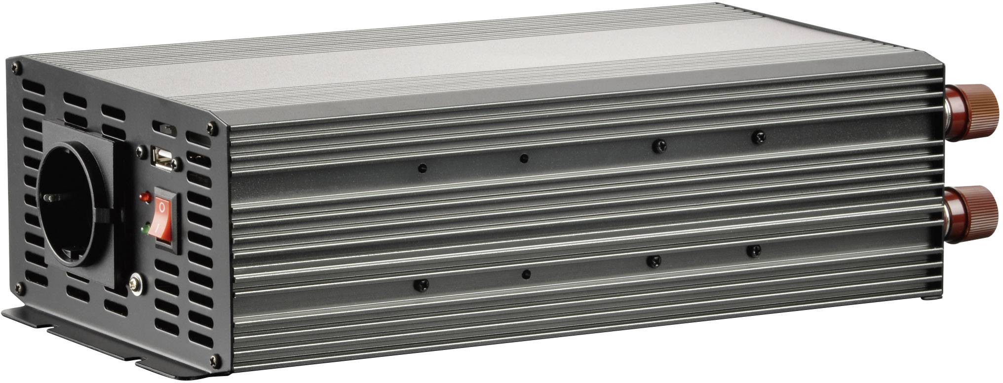 A black inverter with elongated heat sinks and a switch on the side. It is used to convert direct current.