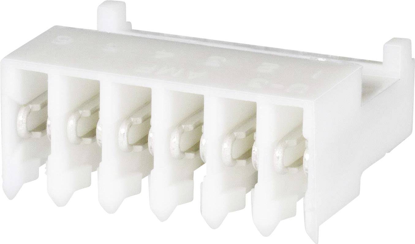 A white electrical connector with five terminals in a row, suitable for wiring electrical circuits.