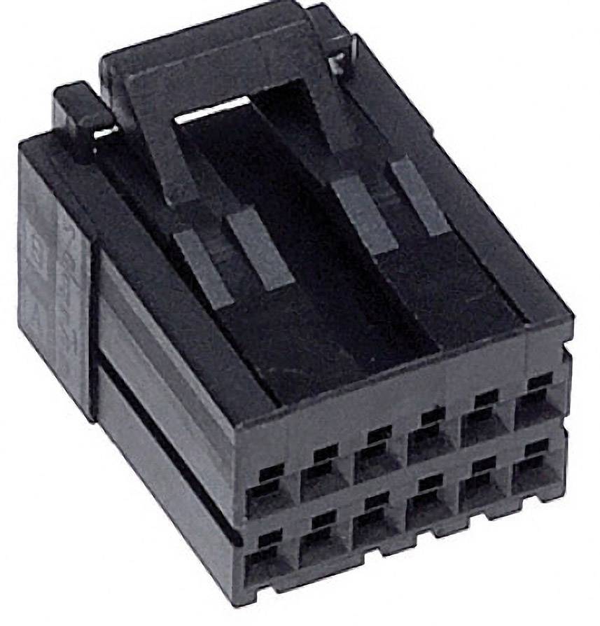 Black 12-pin connector with rectangular shape and locking mechanism; commonly used in electronic devices.Note: This translation maintains the technical description in standard British English while preserving the original meaning and structure.