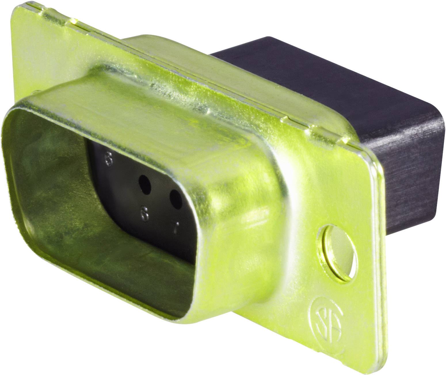 A rectangular electrical connector with a metal housing and black plastic pins, with side mounting holes present.