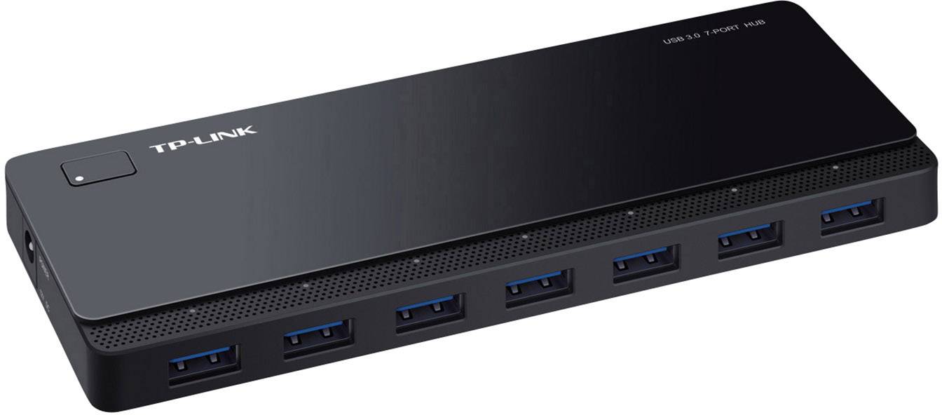 USB 3.0 Hub by TP-Link with seven ports to expand USB port capacities. Black, rectangular design.