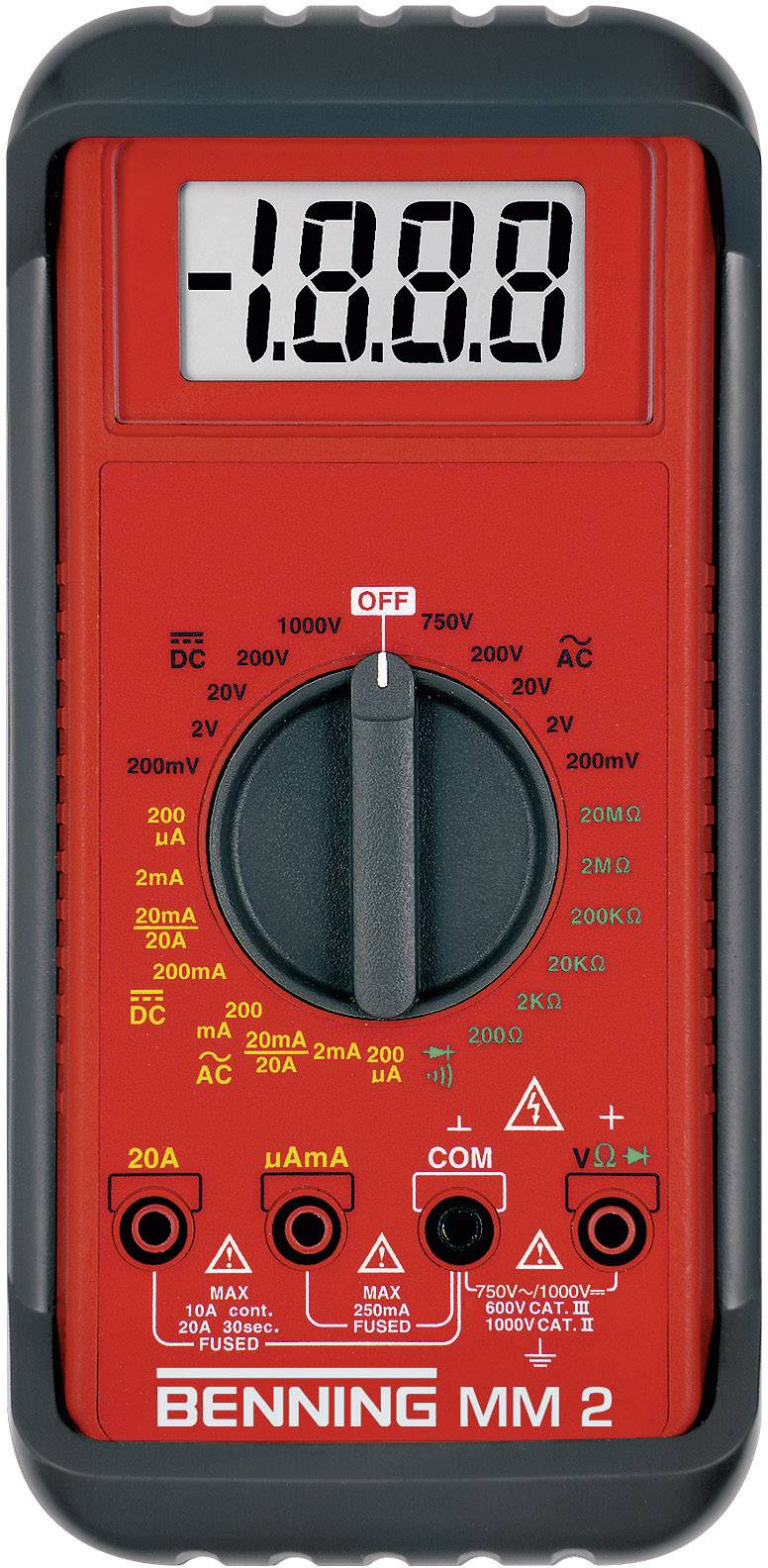 Red multimeter with display, rotary switch for measurement ranges, sockets for test leads. Model 'Benning MM 2'.