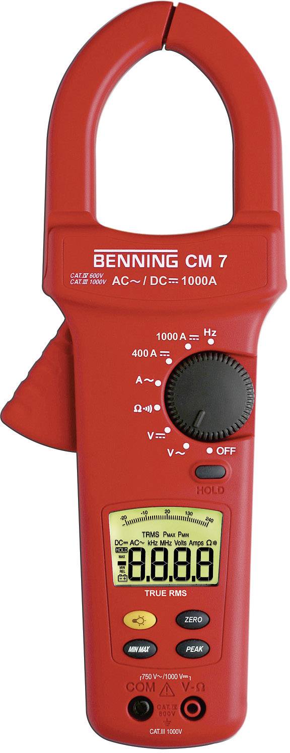 A red ammeter with a digital display, measuring AC and DC up to 1000 amperes. Shows frequency and voltage options.