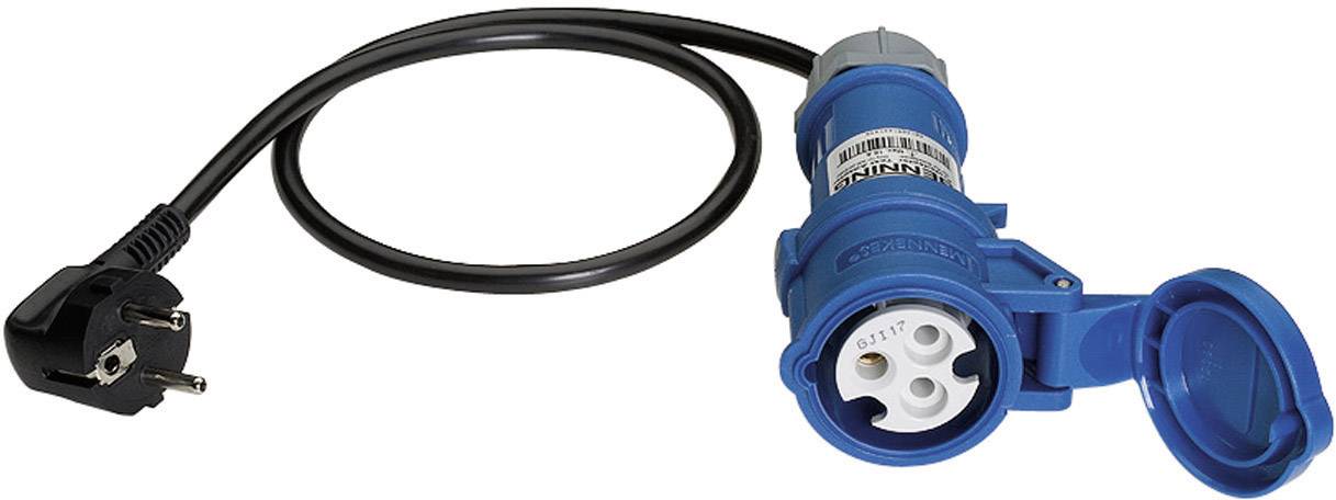 Blue CEE extension cable with earthed plug and open socket, suitable for camping and outdoor use.