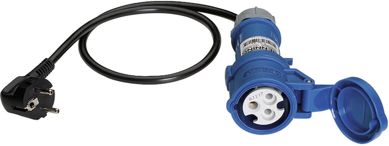 A blue CEE plug with a black power cable attached, terminating in a Schuko plug, set against a white background.