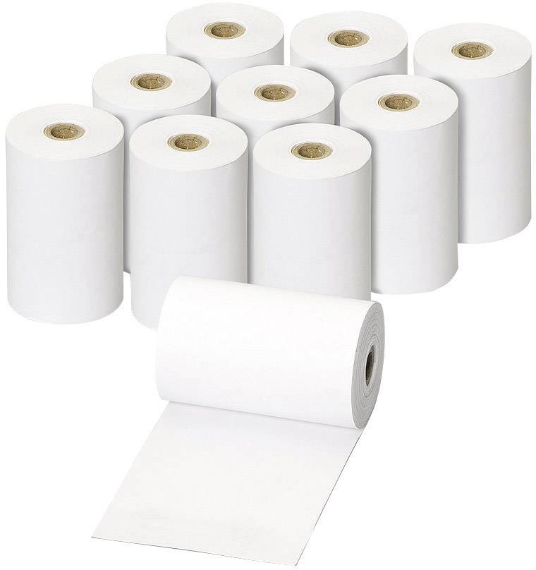 Ten white thermal rolls, mostly standing upright; one is open at the front. Commonly used in till systems.