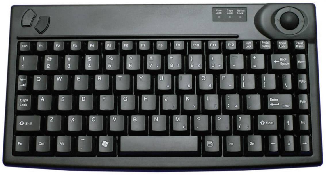 A compact, black keyboard with a British layout; arrow keys and a trackball are positioned top right.
