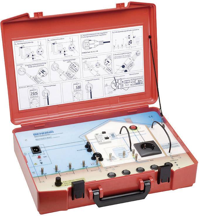 The image shows a red testing device with an open lid and instruction manual inside. It is used for safety inspection of electrical equipment.