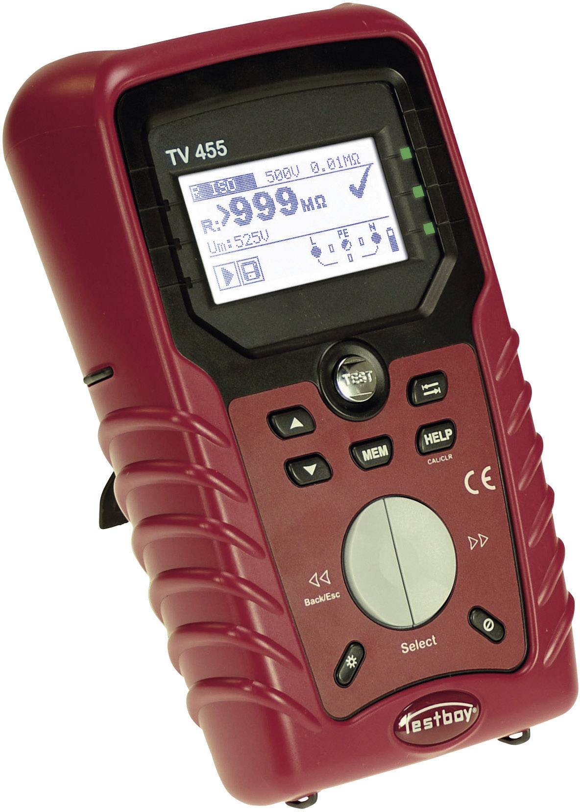 A red digital testing device with a screen and buttons on the front, displaying measurement values. Model name 'TV 455' shown at the top of the display.