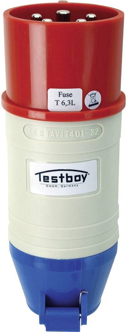 Testboy FI protection switch adapter with red plug, inscription: Testavit 401-82, and reference to fuse T 6.3L, for testing residual current devices.