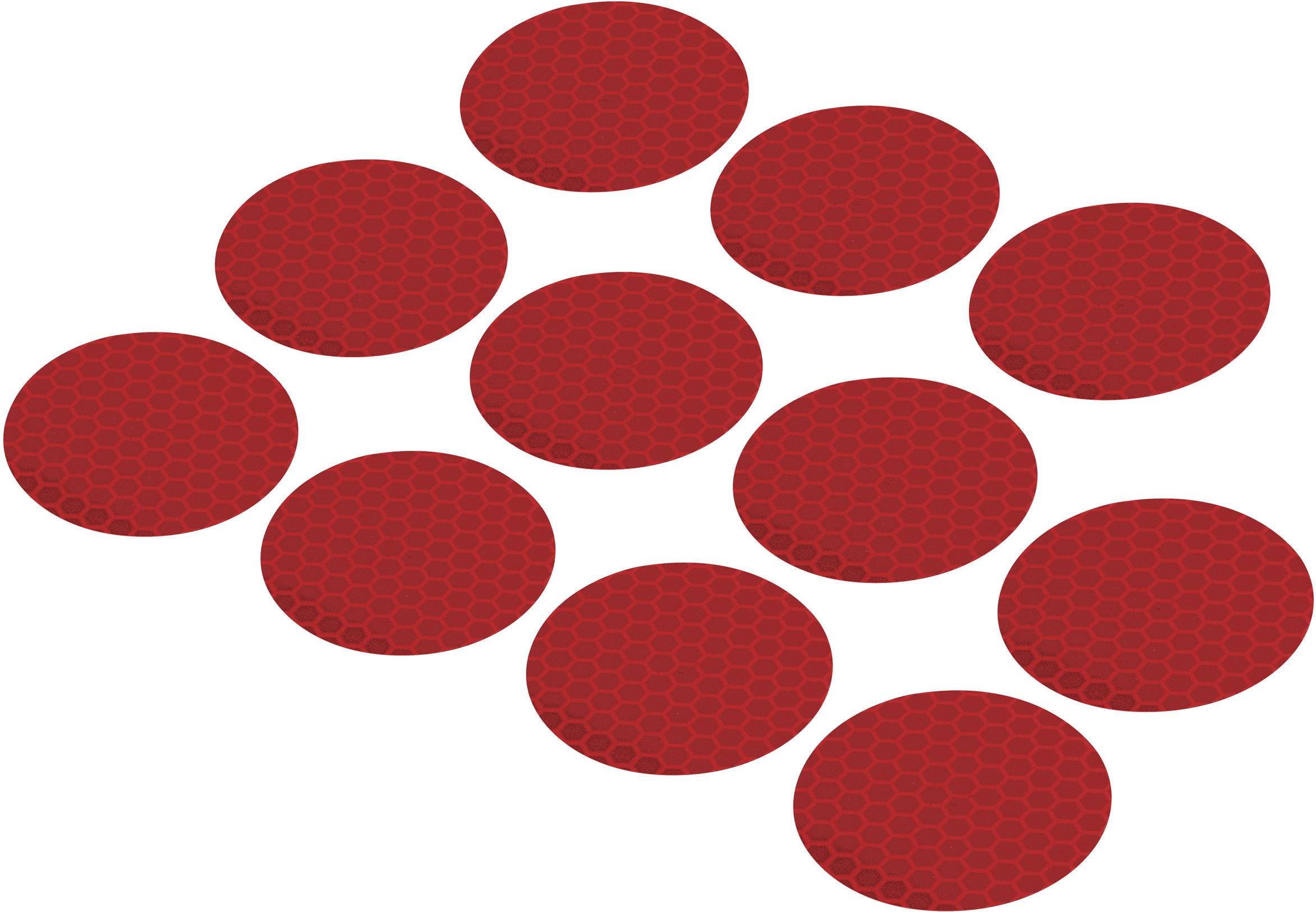 Ten red, circular clips with a honeycomb-like pattern, diagonally arranged on a white surface.