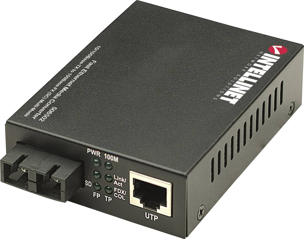 A black network media converter with SD and Ethernet ports, used for converting fibre optic to Ethernet signals.