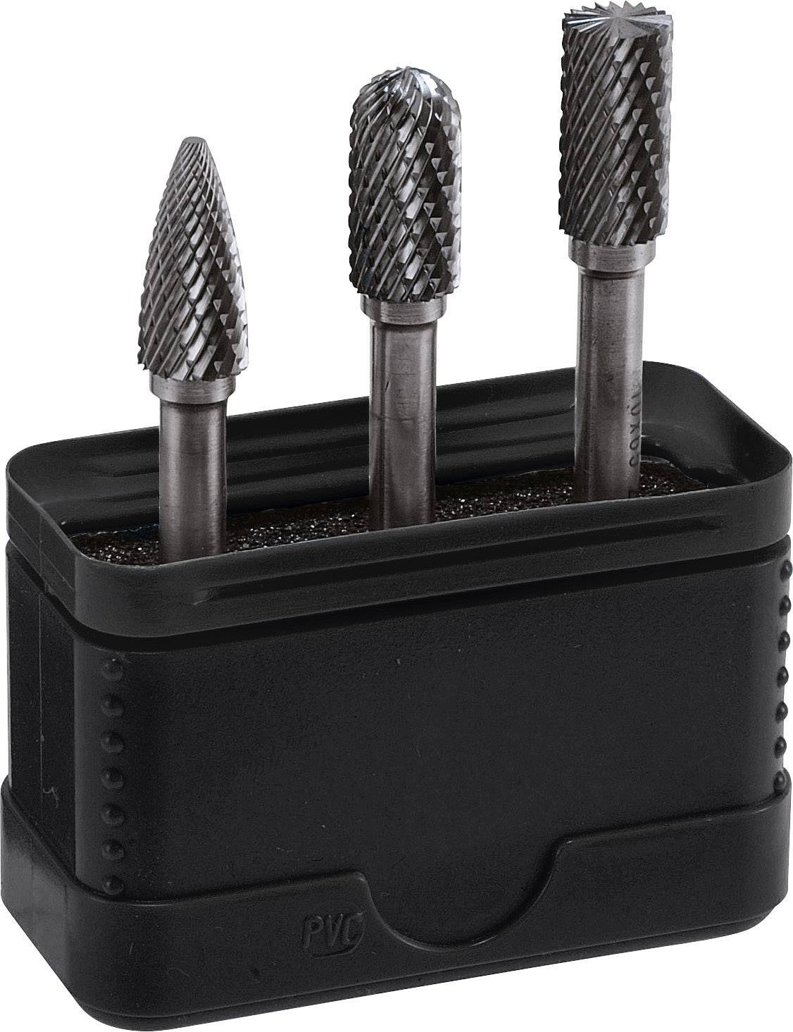 Three tungsten carbide milling burrs with different shapes stand upright in a black plastic holder.